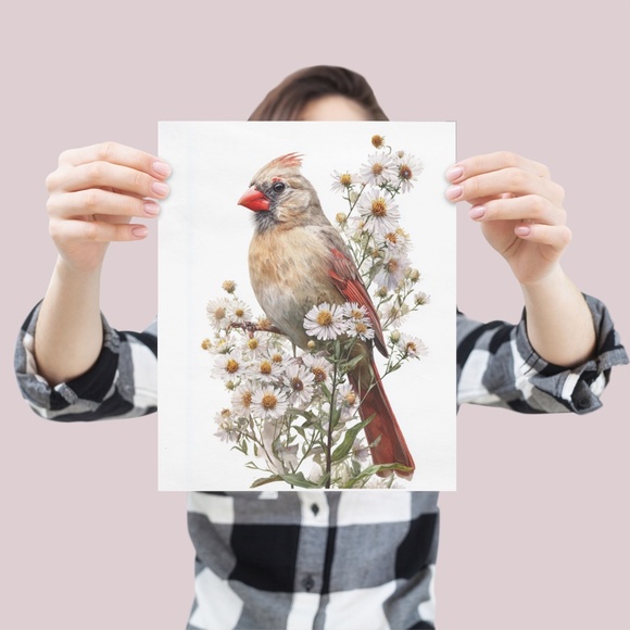 Watercolor Female Cardinal Bird with Flowers Wall Art Print Unframed - Picture 4 of 6